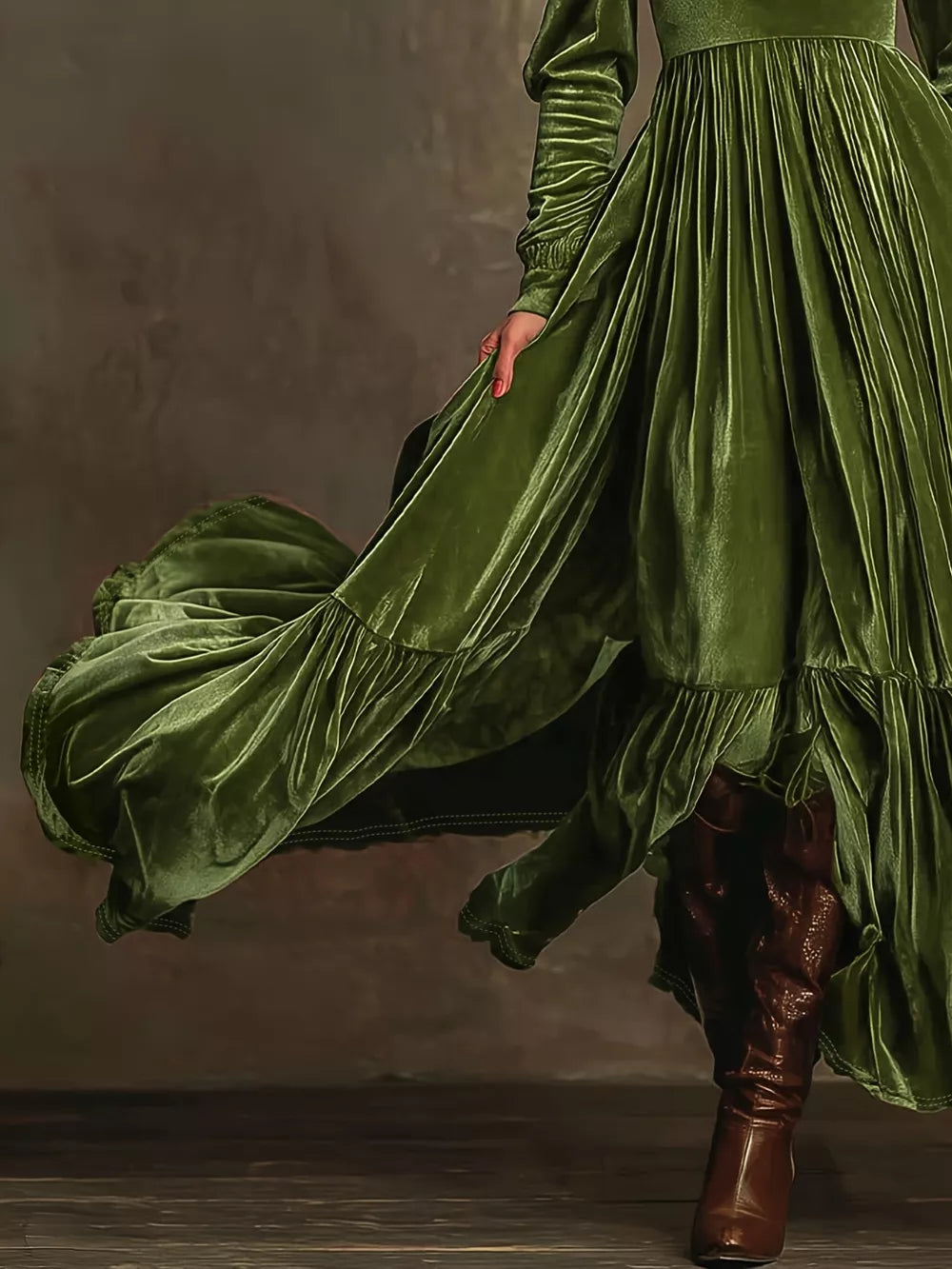 Dark green velvet maxi dress with voluminous sleeves and ruffled hem, styled with brown boots.