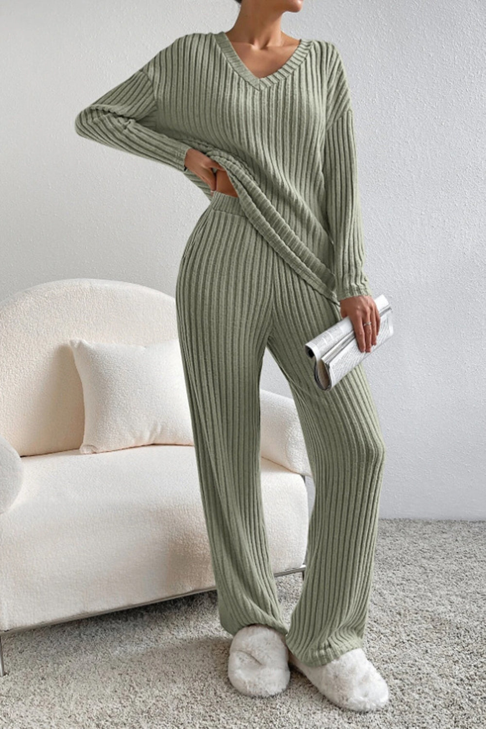 Sage ribbed knit lounge set with V-neck sweater and wide-leg pants.