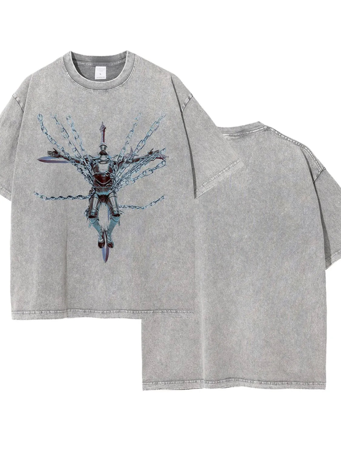 Gray acid wash oversized graphic tee with knight and chain print