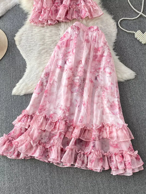 Pink floral ruffle bikini set with bow detail