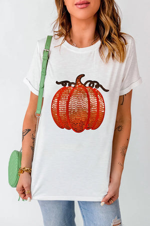 White tee with sequin pumpkin appliqué and rolled sleeves.