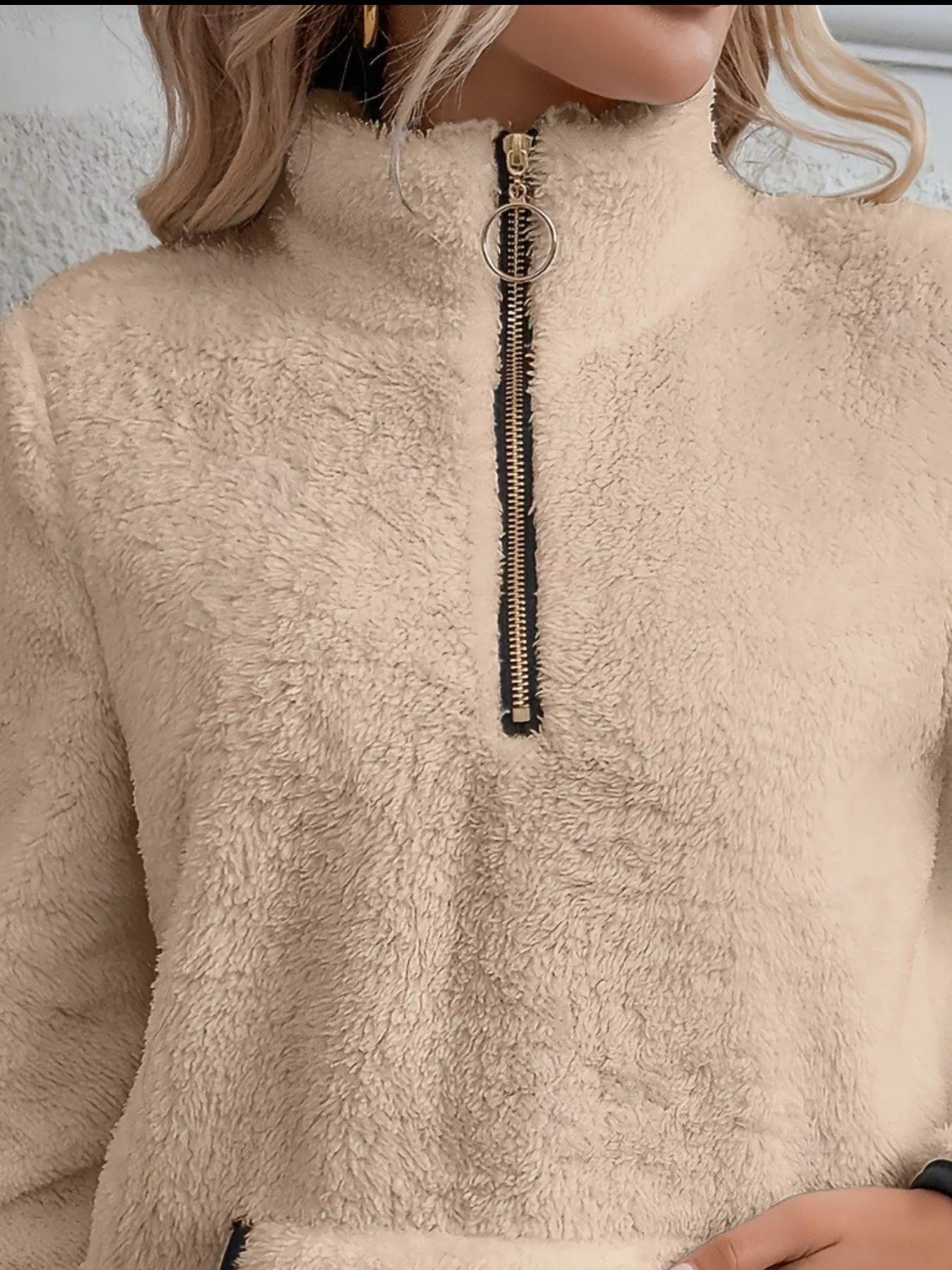 Khaki fleece quarter zip pullover with gold zipper detail