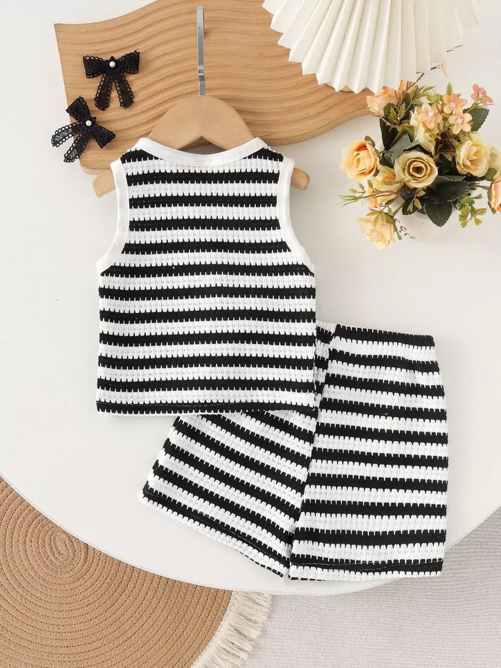 Children's Striped Knit Vest And Shorts Set in Black, model styling view