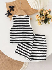 Children's Striped Knit Vest And Shorts Set in Black, model styling view