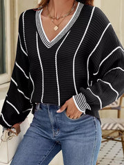 V-neck Striped Contrast Sweater in Dark Green, model styling view