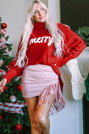 Red turtleneck sweater with white "merry" graphic and dolman sleeves.