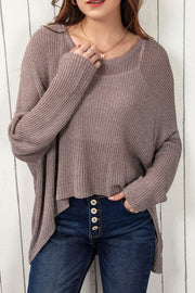 Asymmetric slouch knit top in mocha with a relaxed fit and wide neckline.