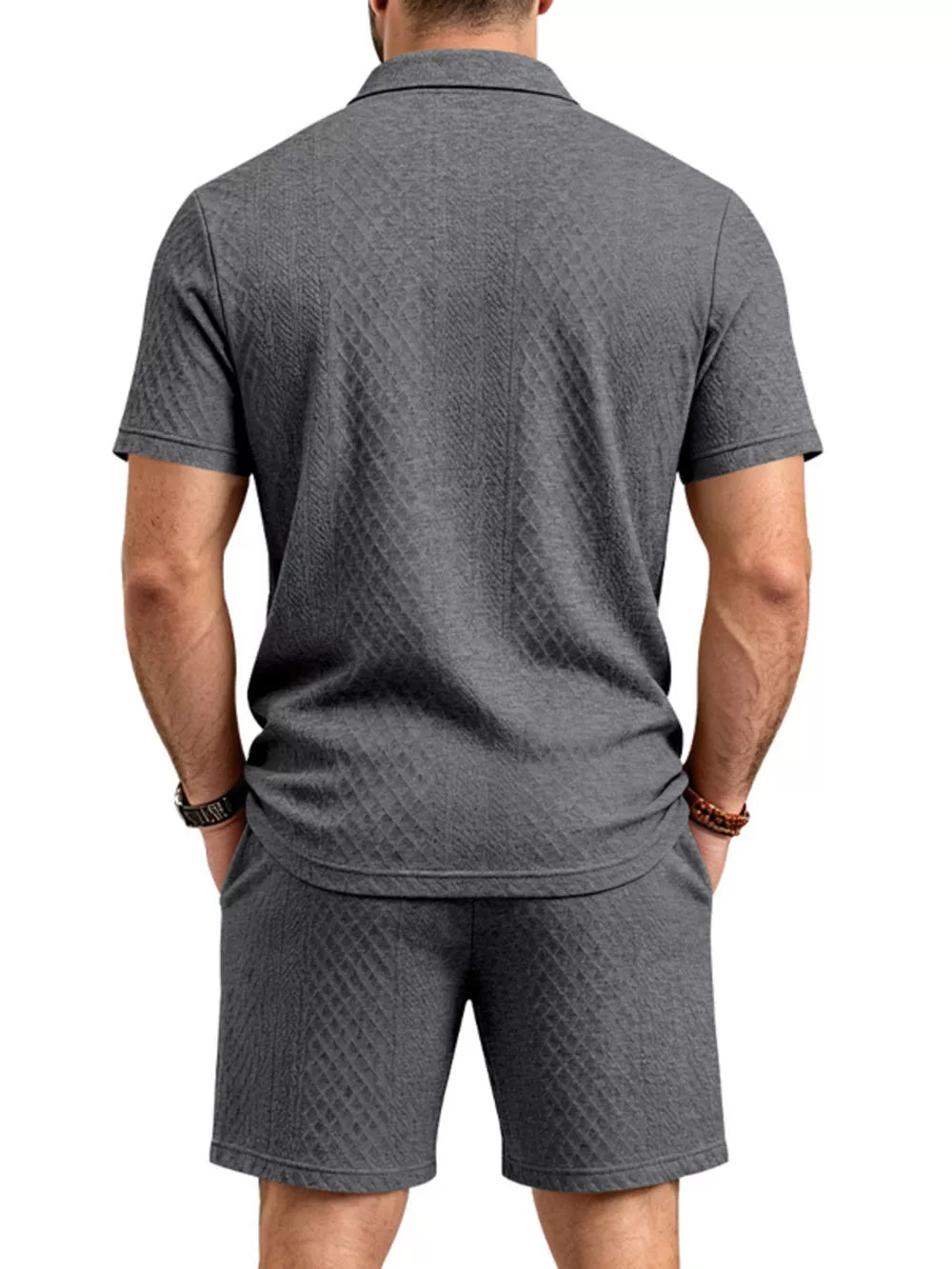 Men's Textured Short Sleeve Polo & Shorts Set in Dark Gray, alternate angle