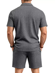 Men's Textured Short Sleeve Polo & Shorts Set in Dark Gray, alternate angle
