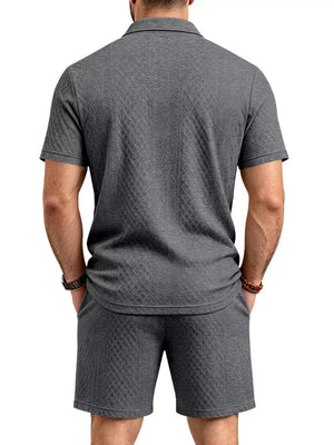 Men's Textured Short Sleeve Polo & Shorts Set in Dark Gray, alternate angle