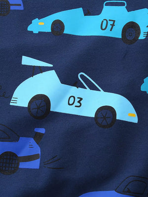 Toddler crew neck sweatshirt with a navy blue background and a racing car print in various shades of blue.