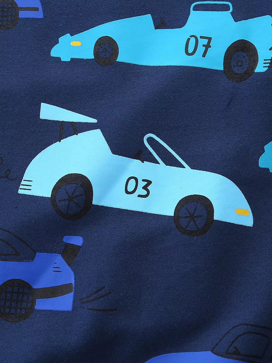 Toddler crew neck sweatshirt with a navy blue background and a racing car print in various shades of blue.