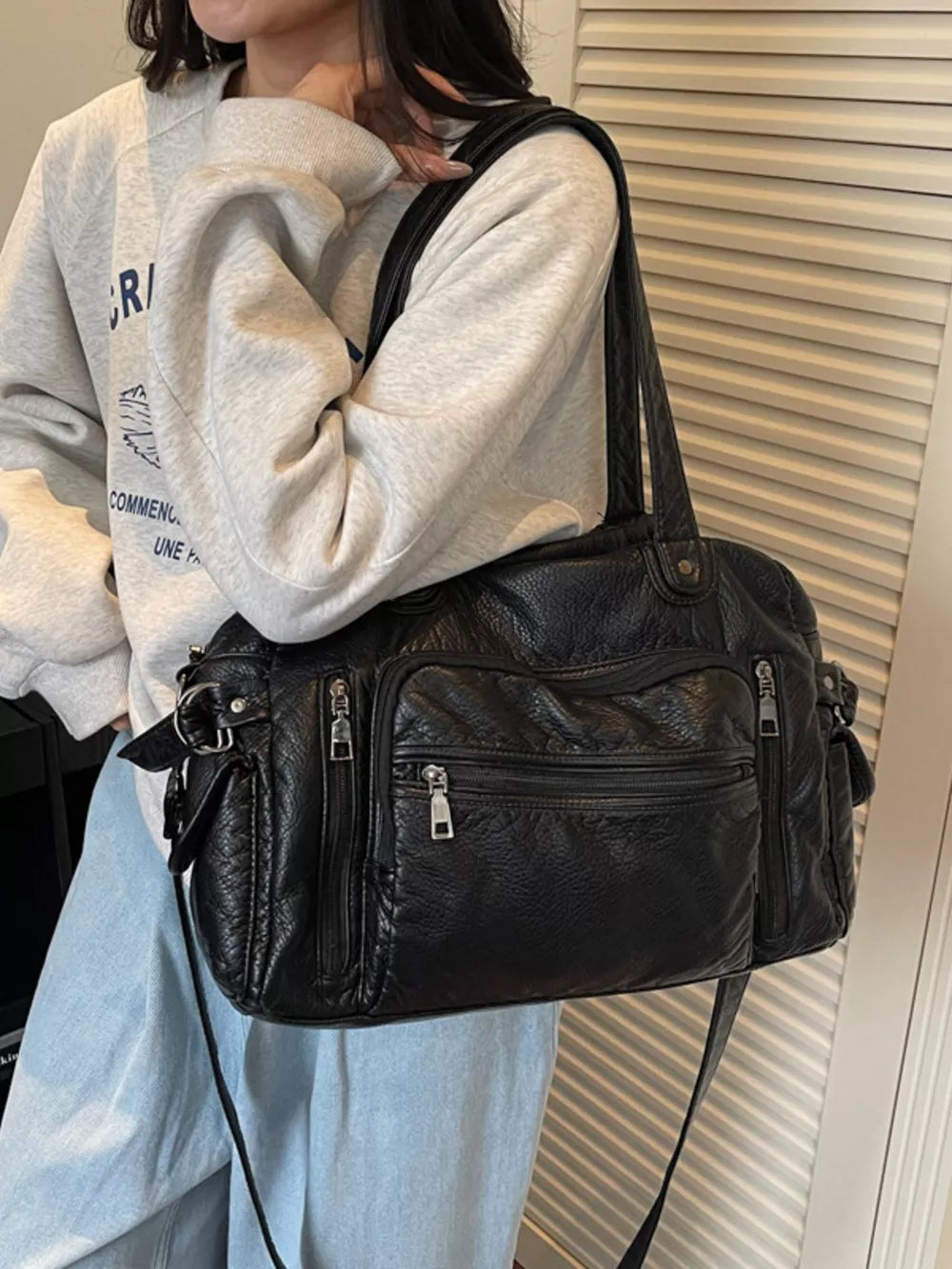 Textured Multi-pocket Pu Leather Shoulder Bag