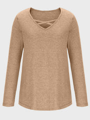 Tan long sleeve t-shirt with crisscross lattice neckline detail