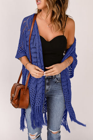 Open knit chevron fringe cardigan in dark blue with short sleeves and open front.