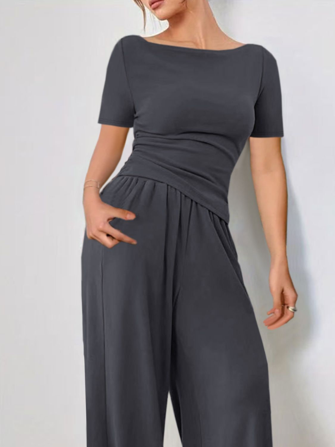 Boat neck jersey co-ord set in dark gray with ruched waist and wide leg pants