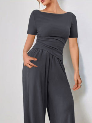 Boat neck jersey co-ord set in dark gray with ruched waist and wide leg pants