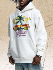 Men's Graphic Kangaroo Pocket Hoodie in White, close-up detail