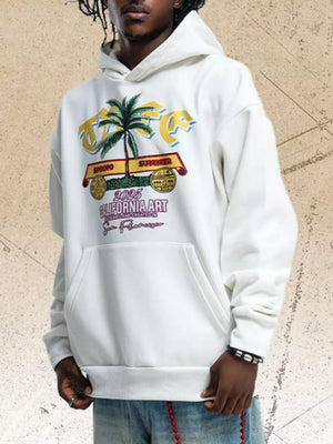 Men's Graphic Kangaroo Pocket Hoodie in White, close-up detail