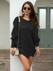 Black scalloped knit sweater with boat neck and balloon sleeves