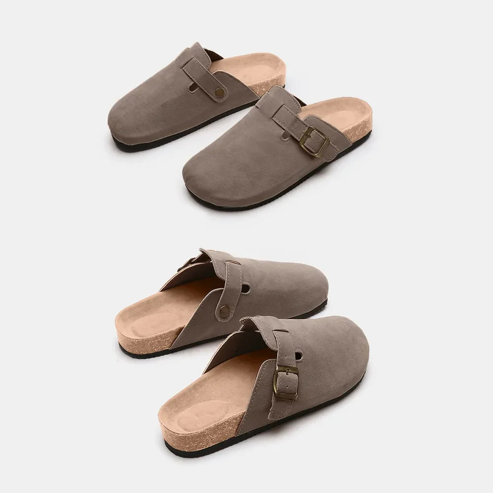 Charcoal suede clog slides with cork sole and buckle detail