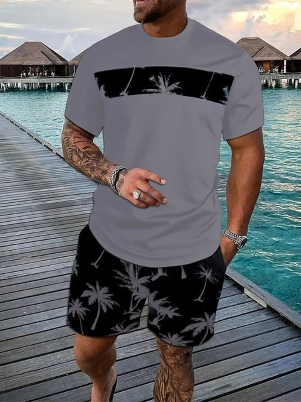 Men's Tropical Palm Tree Tee And Shorts Set in Hot Pink, fit detail