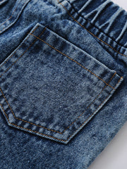 Toddler blue denim jeans with elastic waistband and back pocket detail.
