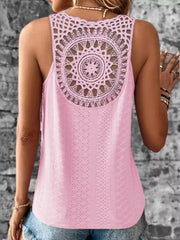Dusty Pink eyelet lace tank top with V-neck and intricate crochet back detail.