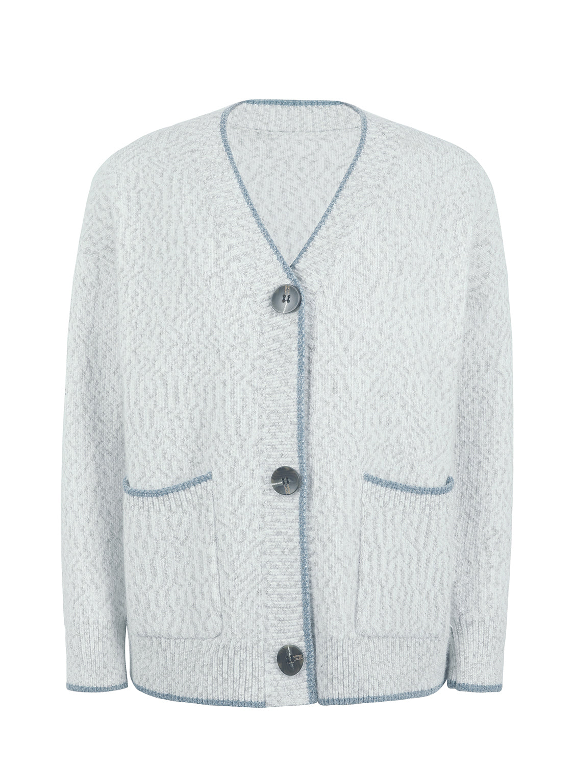 Light Gray textured knit cardigan with contrast trim and pockets.