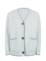 Light Gray textured knit cardigan with contrast trim and pockets.