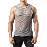 Gray open-knit muscle tank top with crew neck and sleeveless cut.