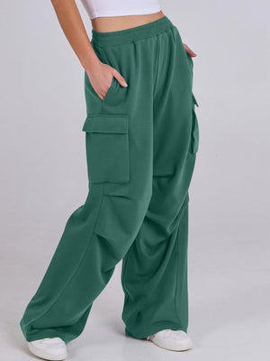 Green cargo pocket drape wide leg sweatpants with a relaxed fit.