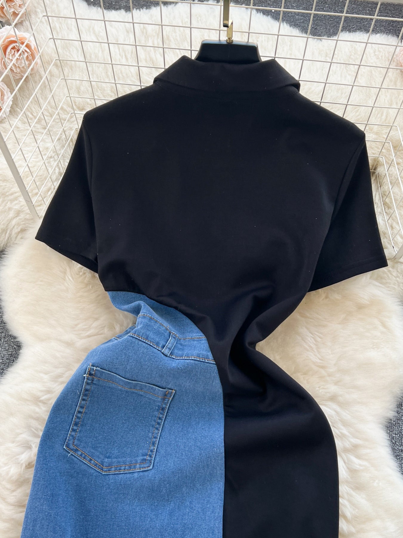 Black and blue denim color-block midi dress with short sleeves and collar
