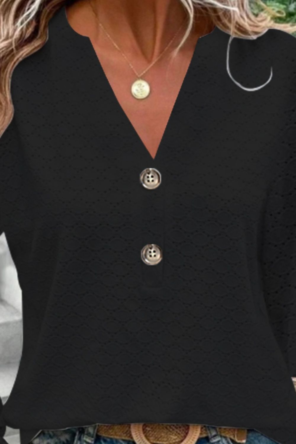 Black lace-effect henley blouse with V-neck and decorative buttons