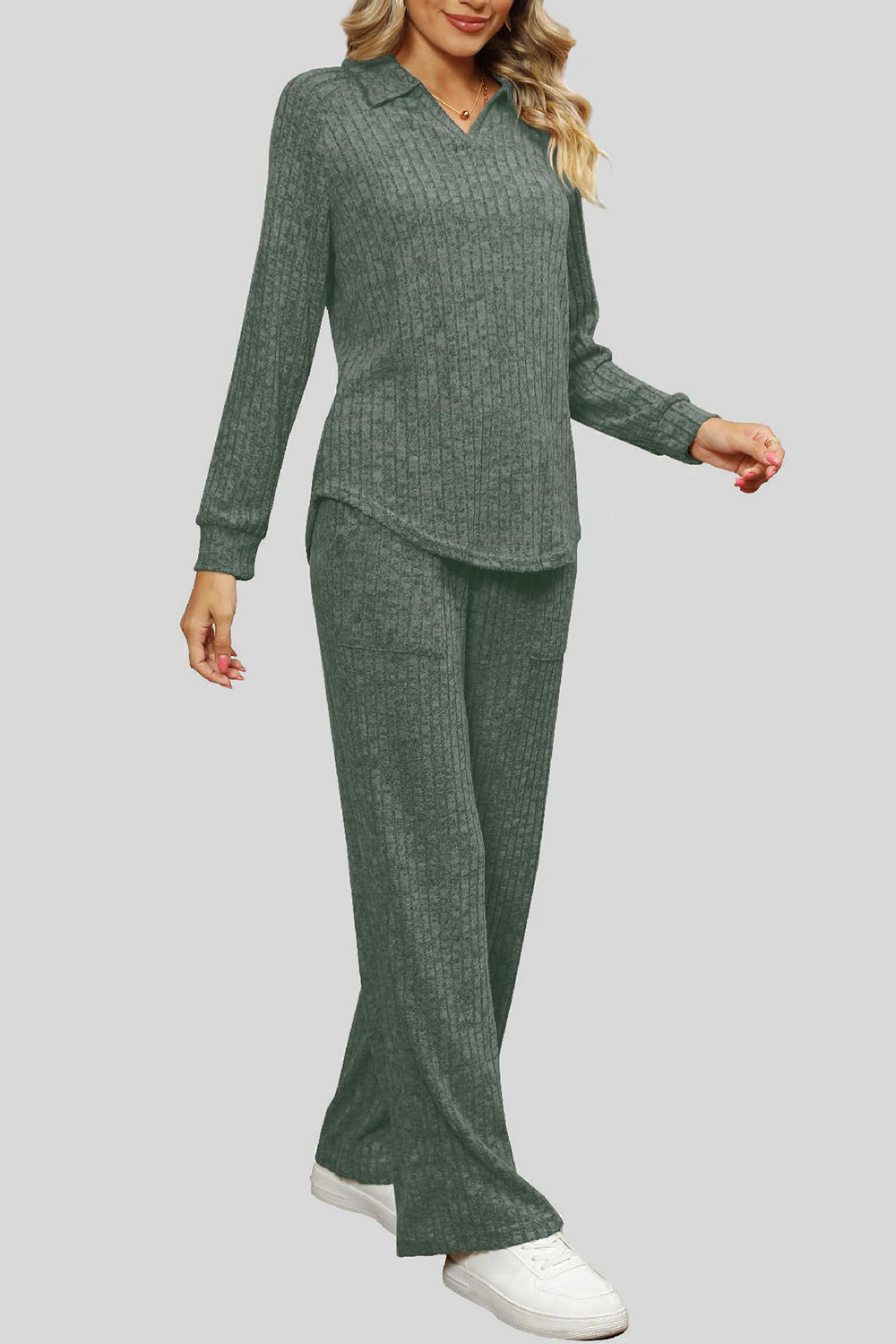 Sage ribbed knit lounge set with collar and wide-leg pants.