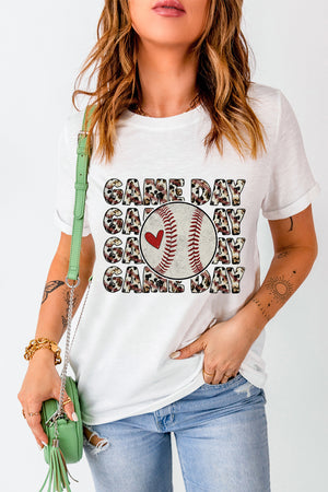 White baseball graphic tee with "Game Day" text and a baseball with a heart.