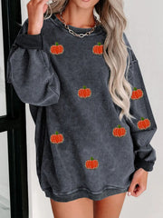 Dark Gray corduroy sweatshirt with allover embroidered pumpkins, crew neck, long sleeves.