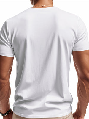 Men's white cotton t-shirt with short sleeves and a notched V-neck.