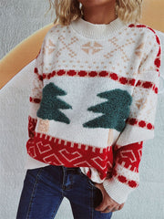 Beige knit sweater with appliqué Christmas trees, red and tan fair isle pattern, crew neck.