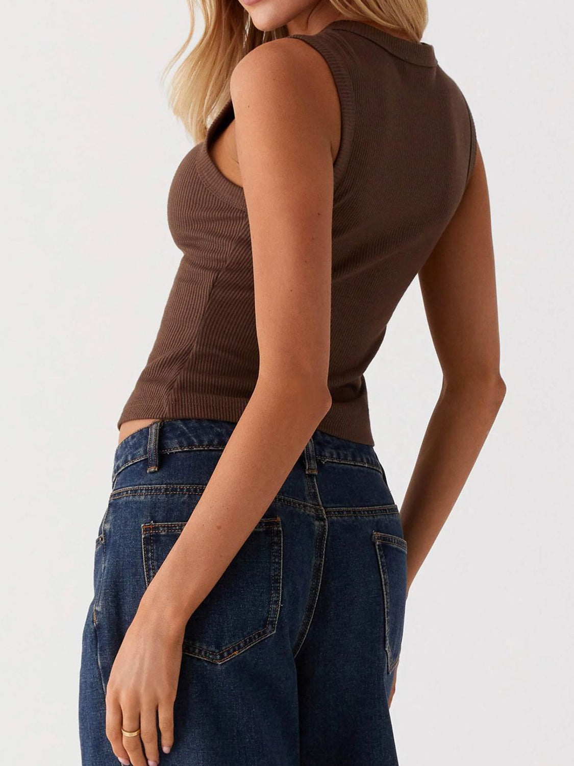 Coffee brown ribbed knit button-down crop top with collar detail.