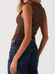Coffee brown ribbed knit button-down crop top with collar detail.