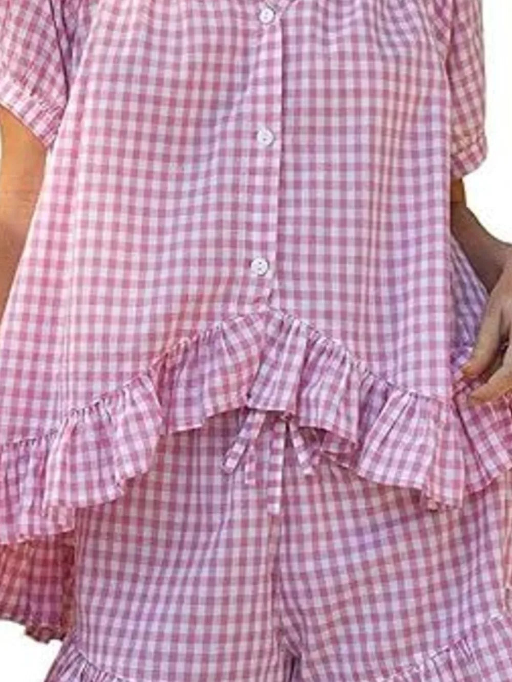 Pink gingham ruffle-trimmed button-front two-piece set with tie detail.
