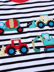 Baby black and white striped tee with construction vehicle applique design.