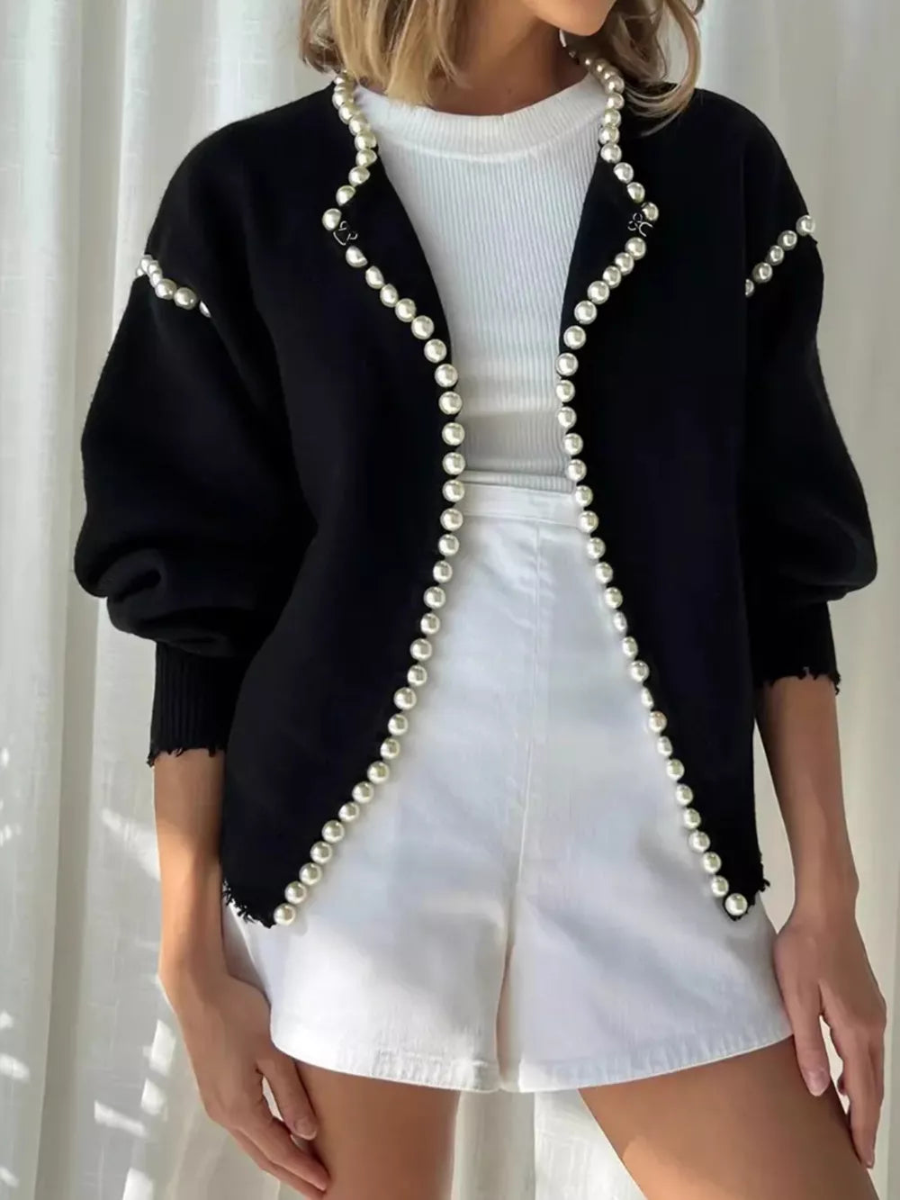 Pearl Trimmed Open Front Cardigan in White, front view