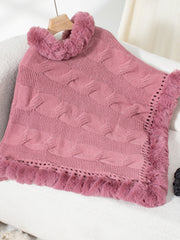 Dusty Pink cable knit poncho with faux fur trim and open knit detail