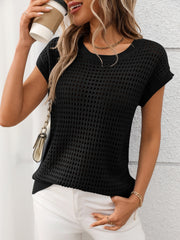 Black openwork knit crewneck short sleeve sweater with a casual chic style.