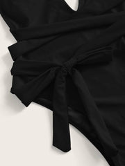 Black wrap-around halterneck plunge swimsuit with a tie detail