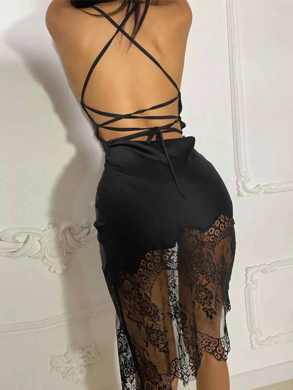 Black satin cowl neck dress with lace trim and strappy back detail