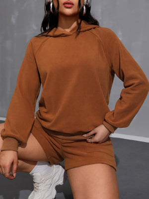 Caramel fleece loungewear set with raglan sleeve hoodie and shorts.
