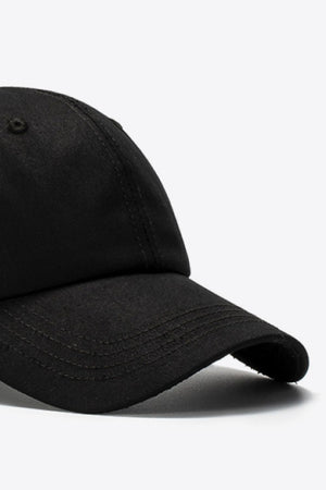 Black cotton baseball cap with stitched details on the brim.